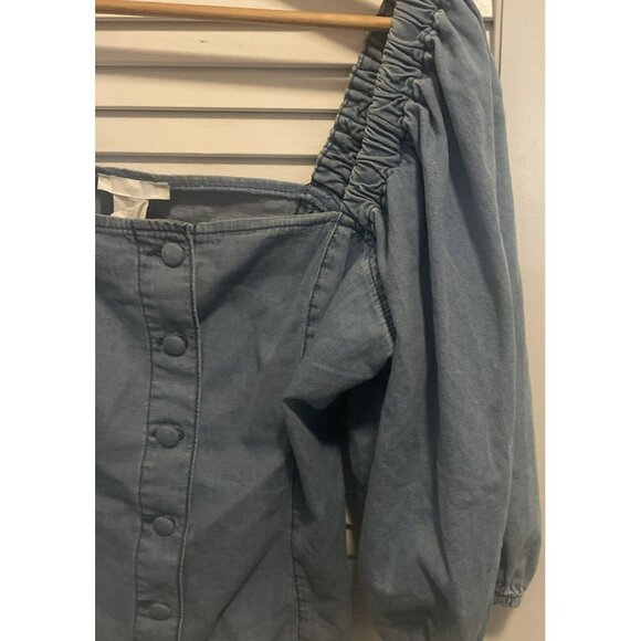 NWT H&M Off The Shoulder Blue Crop Top Chambray Denim Puff Sleeve Women's M - Picture 4 of 6